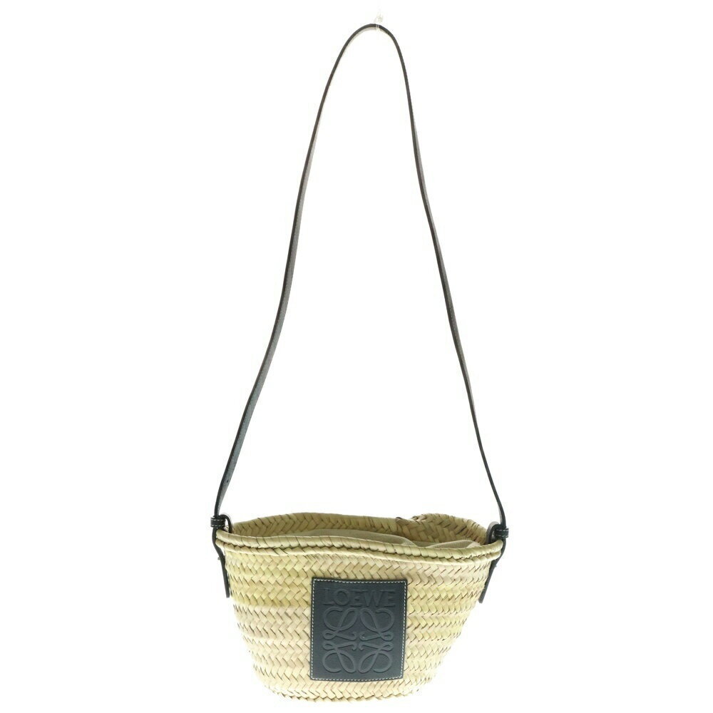 LOEWE Basket Bag Drawstring Anagram Black Beige Tan Raffia Leather